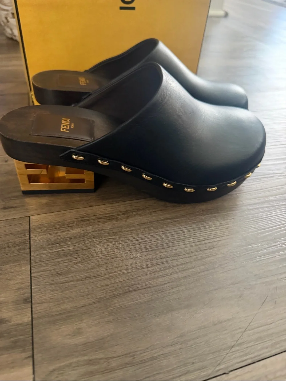 Fendi Black Leather Studded Clog Mule with Gold Heel Accent